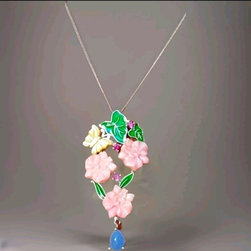 Jardin Collection Jade, Mother of Pearl, Garnet Flower Necklace Platinum Plated